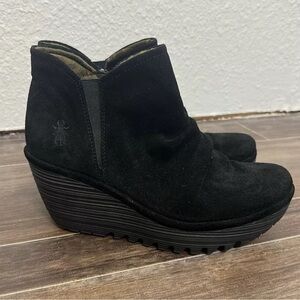 FLY LONDON 40 Yamy wedge bootie black leather minimalist neutral comfy
